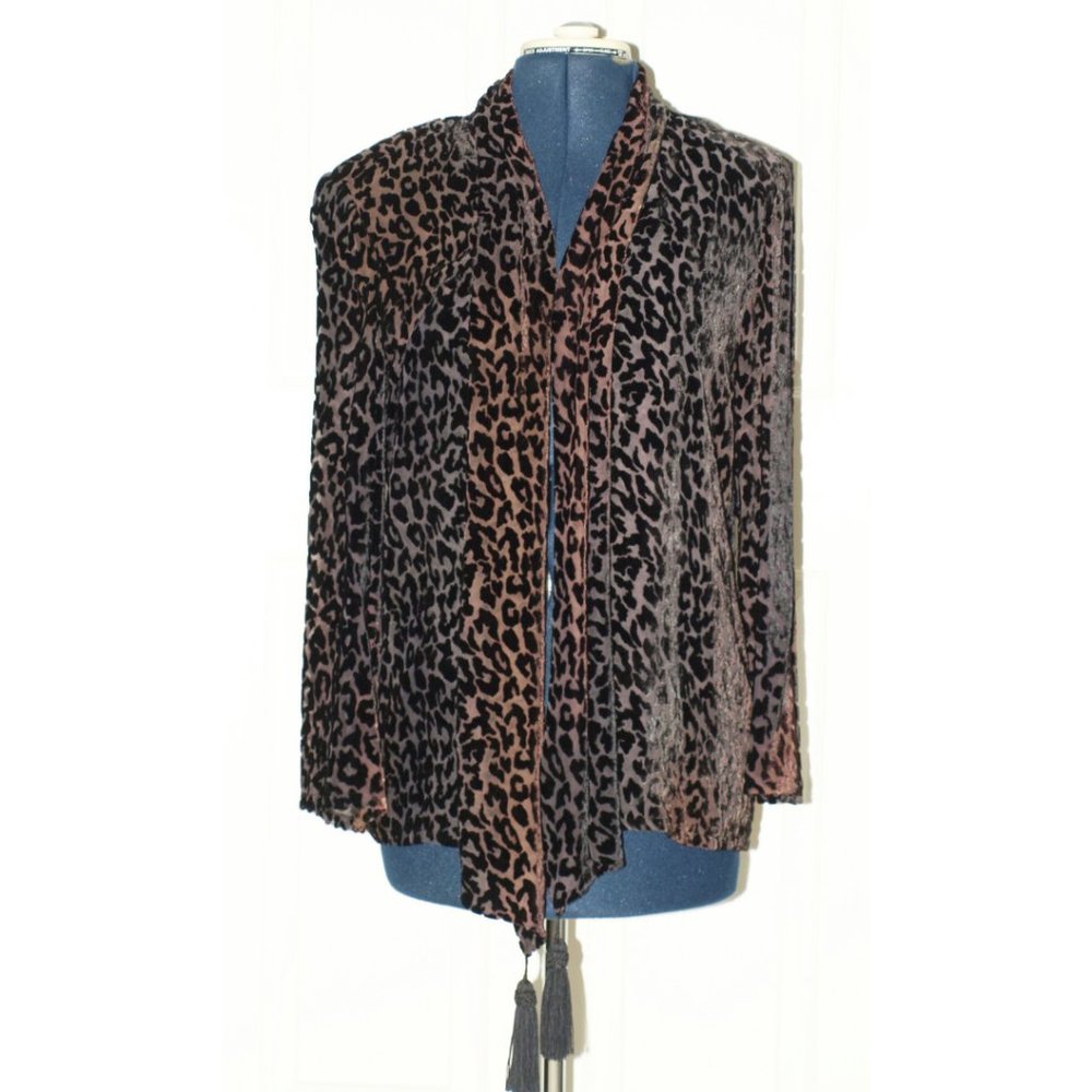 Kay Chapman animal print sheer velvet black tassel open tunic Sz M